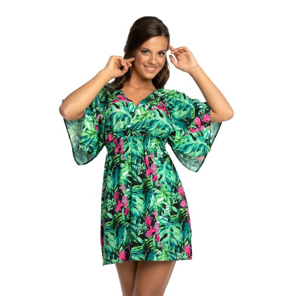 sukienka plazowa pareo Luna N16 przod zielony kolor liscie polski producent LAVEL