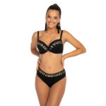dwuczesciowy stroj kapielowy Oxana N Q10 czarny zloty polyskujacy seksowny eksponujacy biust przod