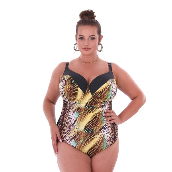 stroj kapielowy jednoczesciowy plus size Leila F11 modny zwierzecy motyw przod wyszczuplajacy autorskie miski piankowe Size polski producent LAVEL