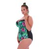 stroj kapielowy jednoczesciowy plus size Leila N16 w liscie i kwiaty modny zielony kolor bok wyszczuplajacy autorskie miski piankowe Size polski producent LAVEL