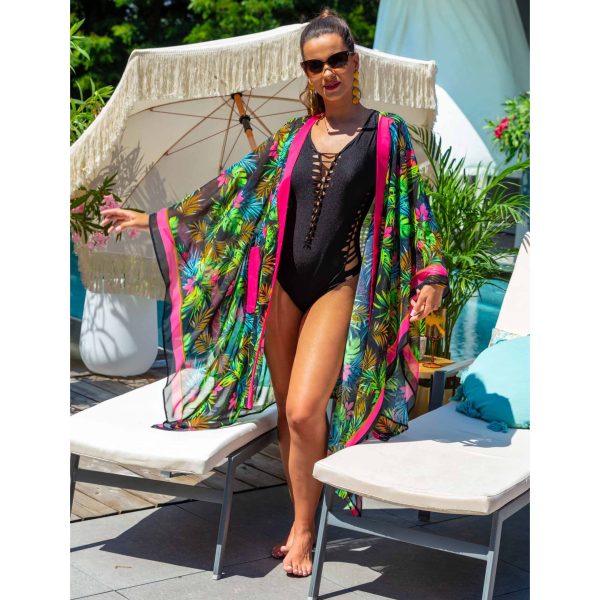 Kimono N20 Narzutka plazowa Kimono plazowe z paskiem w rosliny tropikalne na duzy brzuch na duzy biust Transparentny szlafrok narzutka plus size polski producent LAVEL 2024 (2)