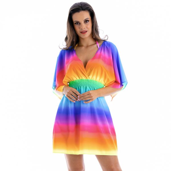 Luna C8 Kolorowa krotka sukienka plazowa w na duzy biust na duzy brzuch wyszczuplajaca Zwiewna teczowa cieniowana narzutka na stroj kapielowy polski producent LAVEL 2024 (1)