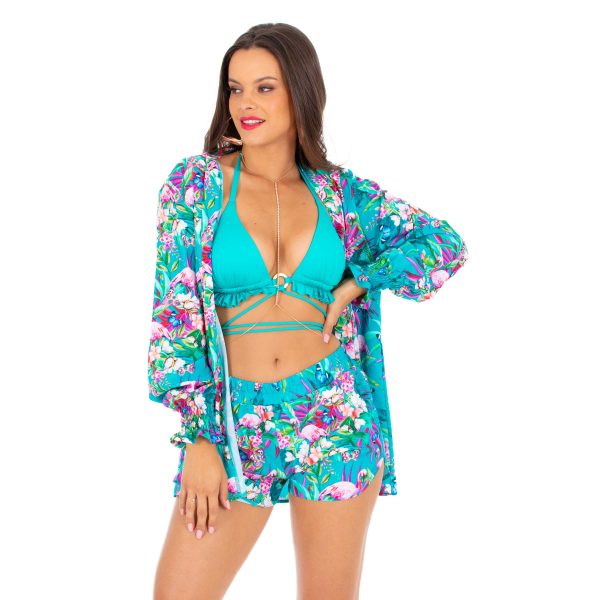 Paola Komplet N23 Komplet plazowy komplet damski z szortami ze spodenkami narzutka plazowa letni komplet nad wode bialy w kwiaty narzutka na stroj kapielowy polski producent LAVEL 2024 (1)