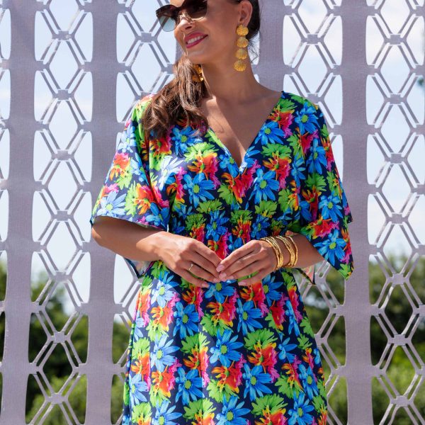 luna n22 krotka sukienka lazowa z gumka w talii w kwiaty drobne narzutka pareo peniuar polska produkcja lavel(1b)