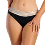 Figi vC Gold Majtki kąpielowe z ozdobym złotym pasem i marszczeniem czarny złoty kostium kąpielowy dwuczęściowy strój kąpielowy LAVEL polska produkcja 2025 1