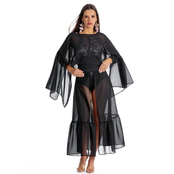 Kami Top Czarny top plażowy z rozkloszowanymi rękawami i falbanami narzutka plażowa LAVEL polska produkcja 2025 2