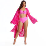 Aura Profilowe K39 Długi ażurowy szlafrok plażowy seksowana koronkowa narzutka plażowa różowa narzyta na stroj kapielowy azurowa narzutka lavel 11