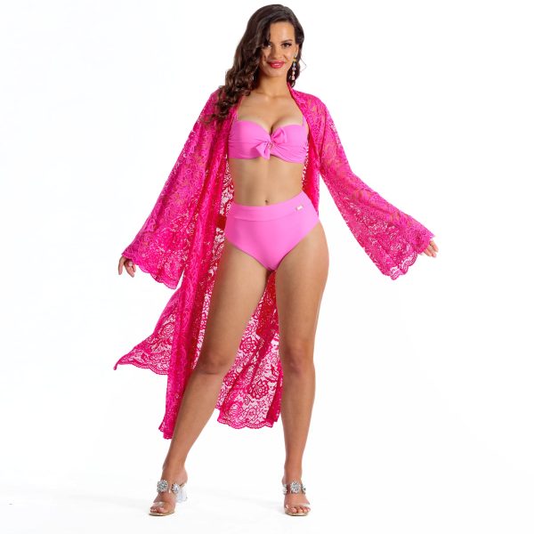 Aura Profilowe K39 Długi ażurowy szlafrok plażowy seksowana koronkowa narzutka plażowa różowa narzyta na stroj kapielowy azurowa narzutka lavel 11