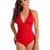 Frida 2 Sandia Jednoczęściowy miękki kostium kąpielowy z push up wiązany na szyi modelujący brzuch czerwony rubinowy LAVEL polska produkcja 2025 25