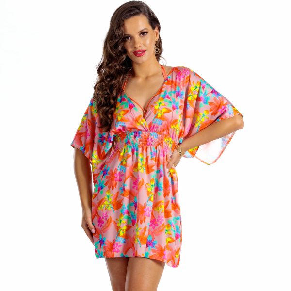 Luna C11 Szybkoschnąca krótka sukienka zwiewna narzutka plażowa z gumką w talii w motywie kwiatowym pomarańczowy neonowy koralowy narzuta na kostium kąpielowy LAVEL 2025 1