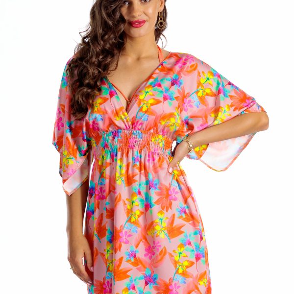 Luna C11 Szybkoschnąca krótka sukienka zwiewna narzutka plażowa z gumką w talii w motywie kwiatowym pomarańczowy neonowy koralowy narzuta na kostium kąpielowy LAVEL 2025 2