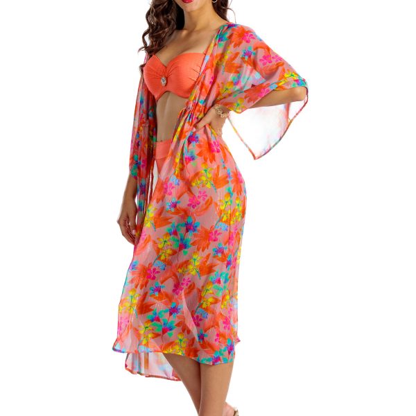 Luna S C11 Długi szlafrok plażowy kwiatowa narzutka na stroj kapielowy pomarańczowy neonowy koralowy DLUGA NARZUTA NA KOSTIUM KAPIELOWY lavel 2025 4