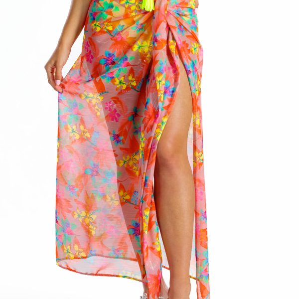 Pareo C11 Chusta plażowa kwiatowe pareo na strój kąpielowy pomarańczowy neonowy koralowy narzuta nastroj kapielowy narzutka plażowa chusta plażowa LAVEL 2025 2