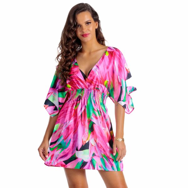 p Luna C15 Szybkoschnąca sukienka letnia z lekkimi rękawami i modelującą gumką w talii różowy LAVEL polska produkcja 2025 1